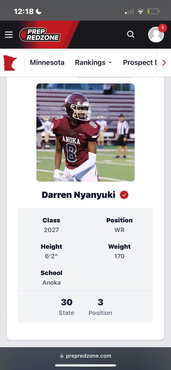 Darren Nyanyuki (@darrennyanyuki_) on Twitter photo Blessed to be ranked as the #2 WR in Minnesota Class 6A Football, #3 WR in the State & #30 overall.
<a href="/AnokaFootball/">Anoka Football</a> <a href="/CoachBo2/">Bo Wasurick</a> <a href="/TNTACADEMY1/">TNTACADEMYSP</a> <a href="/PrepRedzoneMN/">Prep Redzone Minnesota</a> <a href="/OJW_Scouting/">PrepRedzone Oliver</a> Blessed to be ranked as the #2 WR in Minnesota Class 6A Football, #3 WR in the State & #30 overall.
<a href="/AnokaFootball/">Anoka Football</a> <a href="/CoachBo2/">Bo Wasurick</a> <a href="/TNTACADEMY1/">TNTACADEMYSP</a> <a href="/PrepRedzoneMN/">Prep Redzone Minnesota</a> <a href="/OJW_Scouting/">PrepRedzone Oliver</a>