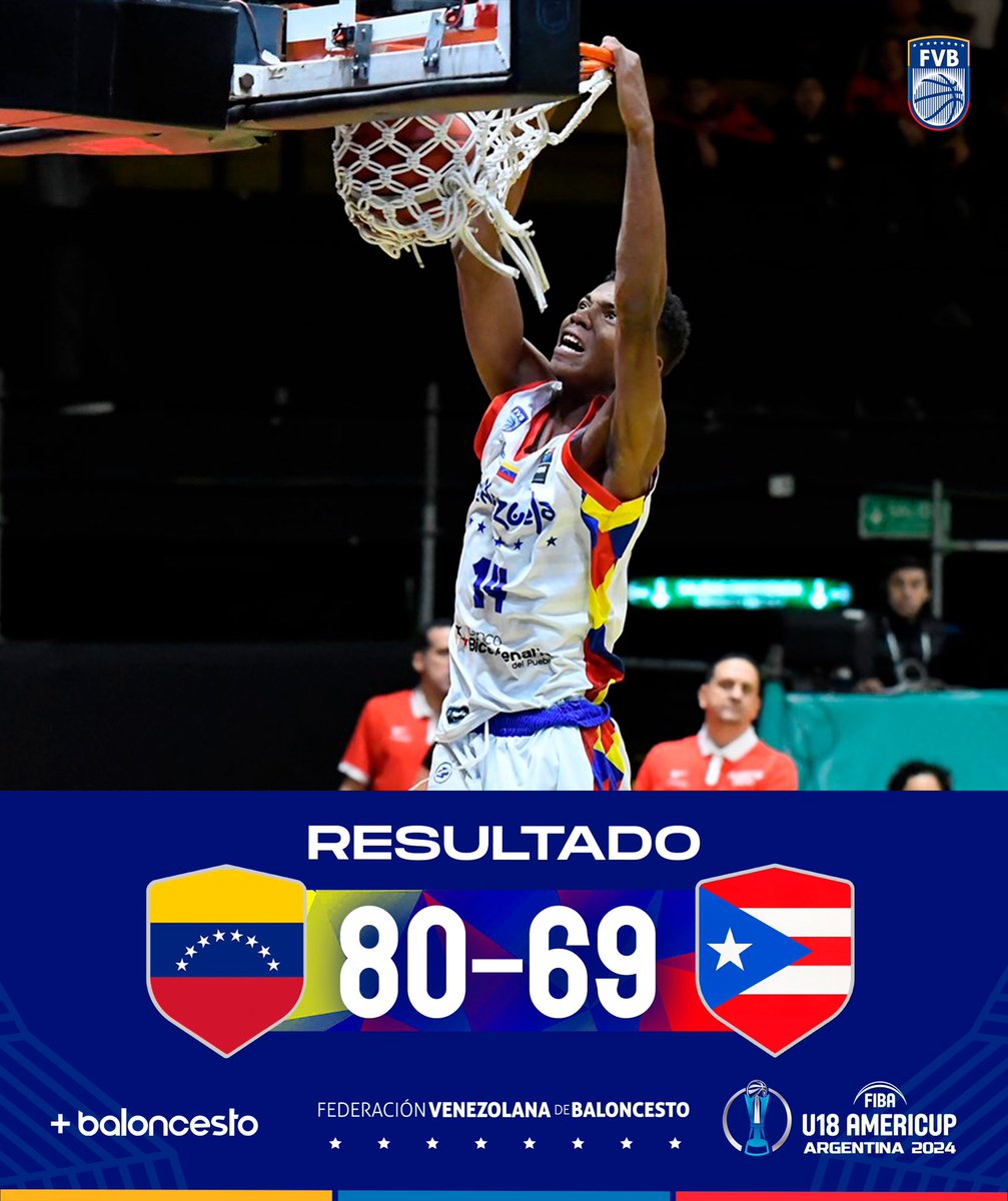 ¡𝐆𝐀𝐍𝐀𝐌𝐎𝐒! 🇻🇪

Debut y victoria de la 𝗨𝟭𝟴 con marcador de 80-69 ante Puerto Rico.

📊 
Jeiminson Márquez: 24 pts, 9 reb, 6 ast, 2 rob, 2 blq.
Estoyan Vargas: 19 pts, 7 reb, 5 ast, 2 rob. 
Diego Sulbarán: 17 pts, 7 reb, 7 ast, 2 rob. 

#JuegaElFuturo