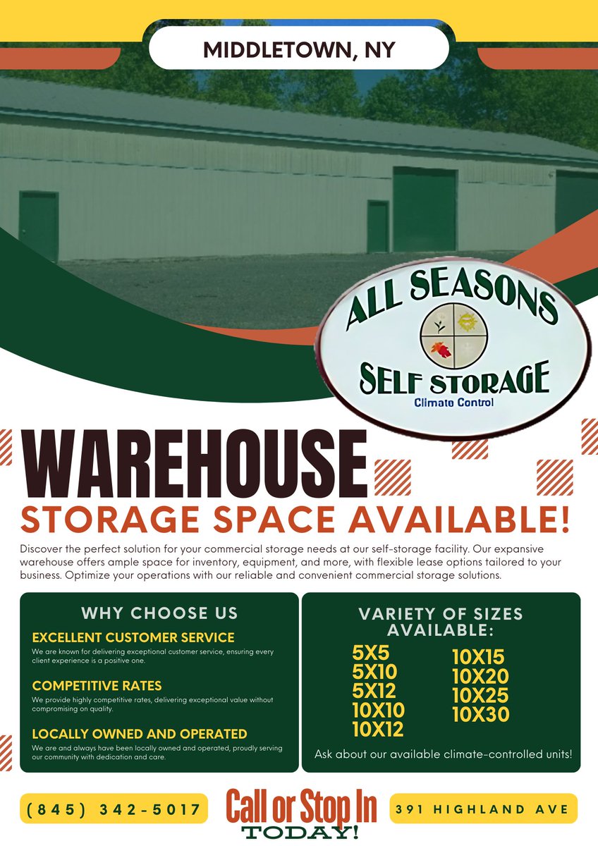 seasons_storage's tweet photo. We have #warehousestorage available at our #storagefacility in #middletownny. We also offer a variety of other sizes too. Give us a call or stop in today to secure your clean, affordable, and spacious #storageunit today! #localbusiness #Local #locallyowned https://t.co/yt9xAE2VbA