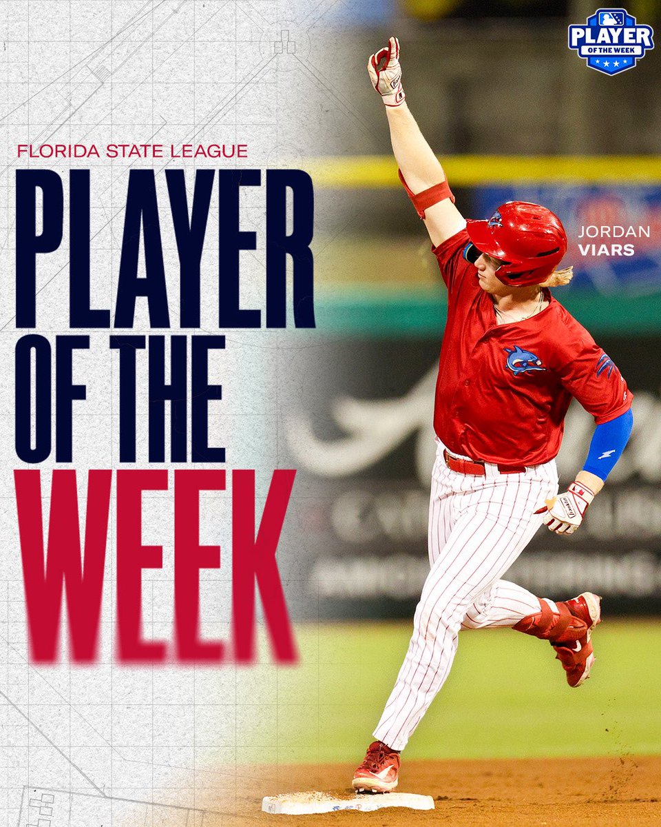 Graphic of Jordan Viars winning Florida State League Player of the Week. Text reads “Florida State League Player of the Week Jordan Viars.” Cutout is of Jordan Viars running with his arm pointing to the outfield. He is wearing a red Threshers uniform.