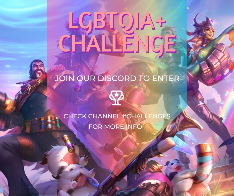 LOLGirlsDiscord's tweet photo. Happy Pride Month 🫶

Our challenge for June is:
   Win games playing LGBTQIA+ Champions

Head over to our Discord to get involved 🌈 https://t.co/ege3BbX6cw