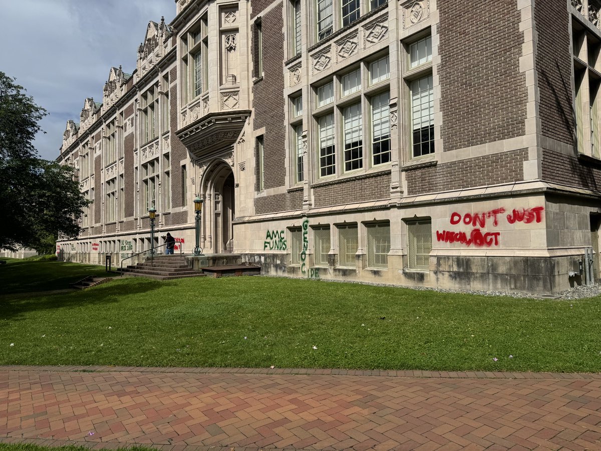 schwaarzy's tweet photo. New pro-Palestinian graffiti seen on UW’s campus today. Buildings include Gerberding Hall (admin building), Denny Hall, Suzzallo, and some on the Quad. It is currently unknown what time this was done. https://t.co/bAH0u4OcjW