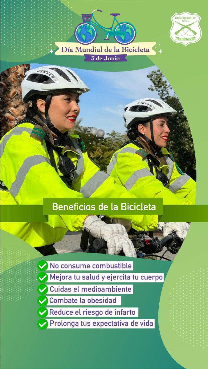Carab_Maule's tweet photo. En el Día Mundial de la Bicicleta 🚲,nuestros Carabineros de la 4ª.Comisaría de #CAUQUENES visitaron a los niños del Jardín Infantil #Eluney. Durante la instancia, se instó a utilizar los elementos de seguridad, como es el casco, chaleco reflectante y guantes y las luces👮🏻🚲💚👭. https://t.co/dDKLyvxoFQ