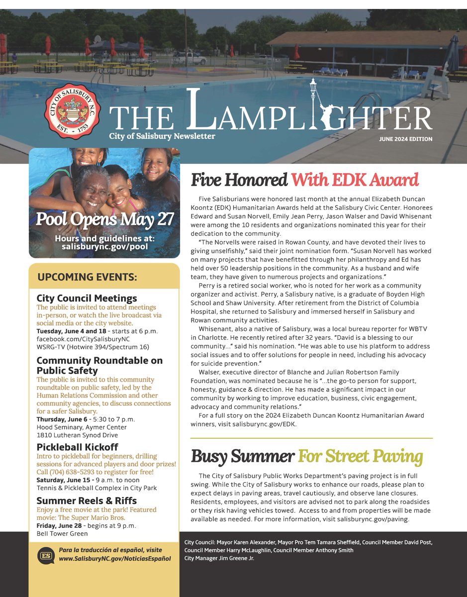Check out what is in this month’s Lamplighter, the City’s official newsletter!
▪️5 Honored with EDK Award
▪️Busy Summer for Street Paving
▪️Time to Review the City Budget
▪️Spruce Up Week
▪️Employee Spotlight - Lindsey Stegall 
➡️Sign-up: salisburync.gov/newsletter.