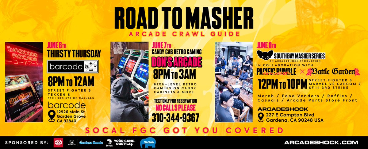SO CAL FGC LOCAL HOT SPOTS

If you're in the So Cal area or just visiting for the week, here are some spots to hit up if you want to get some offline gaming in for Street Fighter 6, Tekken 8, Street Fighter III: 3rd Strike, Marvel vs Capcom 2 and many other games

Thursday