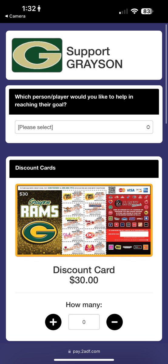 support <a href="/grayson_fb/">Grayson Football</a> by purchasing a Grayson Ram Card with $200+ in free things for only $30 ( be sure to select Korey Woods ) 
• 
• 
•
click pay.2adf.com/donationv2.asp… to purchase