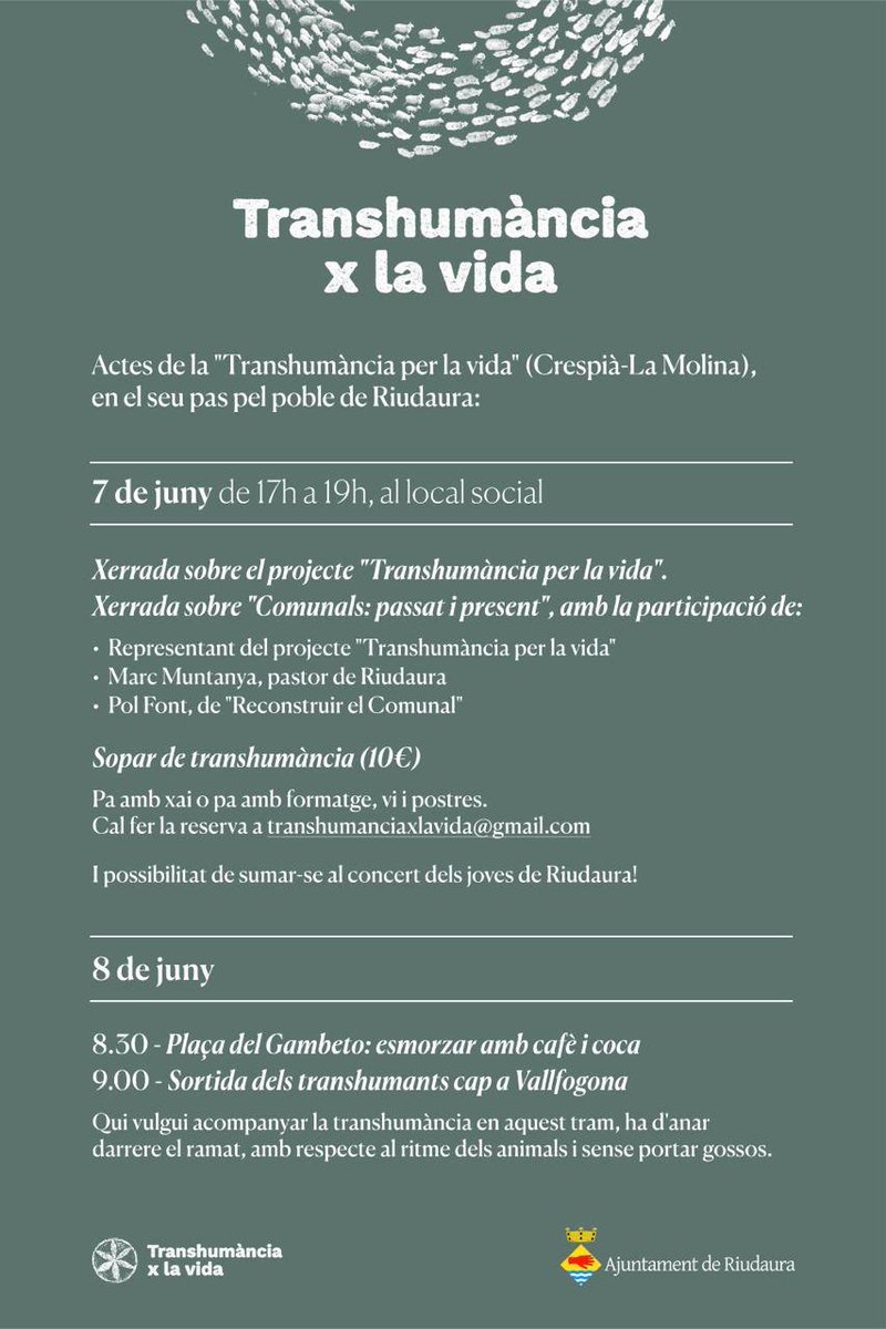 Xerrada aquest divendres a #Riudaura (#Garrotxa)

COMUNALS: PASSAT I PRESENT

Amb un representant de <a href="/TranshumaXViure/">TranshumànciaXlaVida</a>, Marc August Muntanya (@peredelescabres) i Pol Font (<a href="/RelComunal/">Reconstruir el Comunal</a>)

reconstruirelcomunal.suportmutu.org/xerrada-riudau…