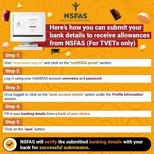 GcisWestrand's tweet photo. NSFAS is currently verifying TVET college students banking details. The scheme will communicate further to all students at the completion of the verification process.
#InYourPocket #NSFASAllowances #InYourPocket #BankYourWay #BankOfYourChoice https://t.co/ysLn1vFYQC