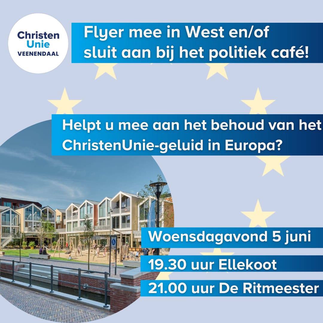 Woensdagavond 5 juni verzamelen we om 19.30 uur bij winkelcentrum De Ellekoot. Samen gaan we de wijk in om bij zoveel mogelijk huizen een flyer te bezorgen. Rond 21.00 uur hopen we in het centrum bij De Ritmeester zijn. We sluiten de avond af met een politiek café. #ChristenUnie