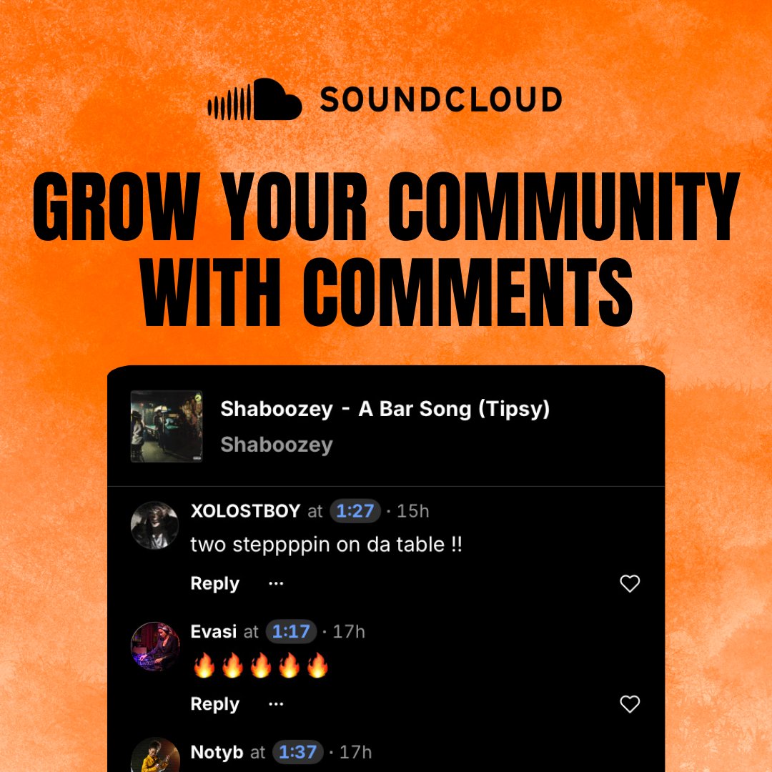 SoundCloud's tweet photo. PSA: Lookin' to increase your listens on Soundcloud? Here's a cheat code for you. Engage with your listeners. Artists who engage with listeners get up to 40% more listens on Soundcloud π§
#soundcloud #soundcloudtips #psa #cheatcode https://t.co/Ttoaky65YV