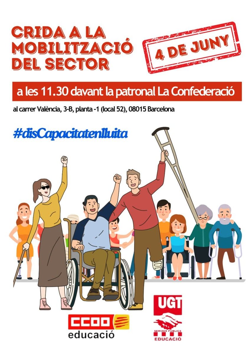 Tornem a sortir  al carrer aquest dimarts 4 de juny, a manifestar-nos per  exigir condicions salarials i laborals dignes, a l’alçada de la professionalitat del col·lectiu. #disCapacitatenLluita <a href="/discapDigna/">disCapacitat en lluita</a> <a href="/ugtcatalunya/">UGT de Catalunya</a> <a href="/FETE_UGT/">UGT Educació</a> <a href="/Edu_Especial/">Edu Especial</a>  <a href="/CCOOdiscat/">CCOOdiscat</a> <a href="/ccoocatalunya/">CCOO de Catalunya</a>