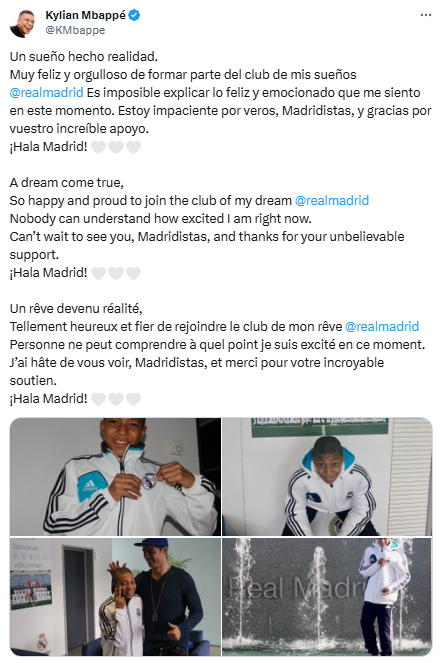 'Kylian': Por la publicación de Mbappé tras confirmarse su fichaje al Real Madrid: 'un sueño hecho realidad'