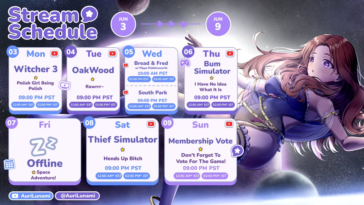 AuriLunami's tweet photo. 【Schedule For This Week | 3rd June - 9th June】

#AuriIsLive https://t.co/BGc8u5eN68
