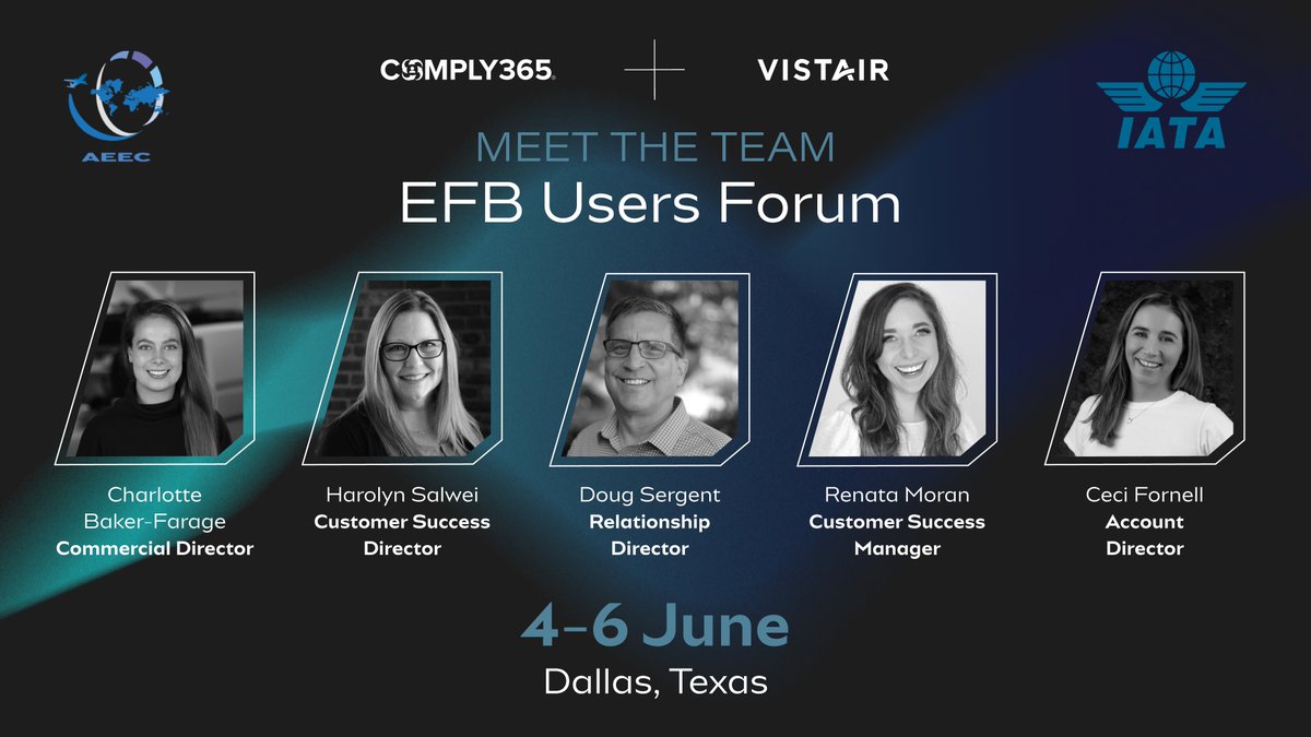 We can't wait to see everyone Tuesday at the #AEEC #IATA #EFBUsersForum in Dallas! 

Our <a href="/Comply365/">COMPLY365</a> + <a href="/VistairSystems/">VistairSystems ✈ dba Comply365</a> team members are ready to catch up with you at the main EXPO in the afternoon - and don't miss our sponsored buffet featuring Texas favorites and an open bar!