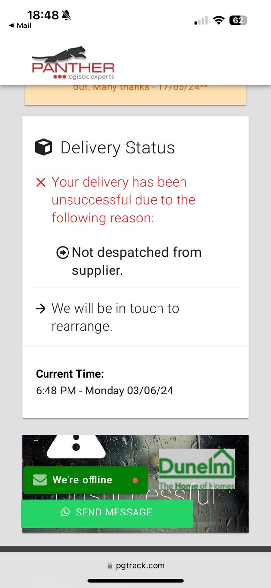 ejw001's tweet photo. @DunelmUK I paid £9.95 for delivery today only for this to happen. I’d like that delivery charge refunded and an update on when you now expect me to be home to receive my delivery I stayed home for today order 4056592091 https://t.co/dNAmj3Vxef
