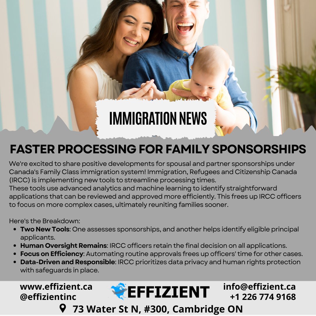effizientcanada's tweet image. Spousal sponsorships get a boost! IRCC's new tools using data will speed up processing for many applications, reuniting families faster. 

#CanadaImmigration #SpousalSponsorship #FasterProcessing #StreamlinedApplications  #ReunitingFamilies #ReuniteWithLovedOnes #CanadaVisa