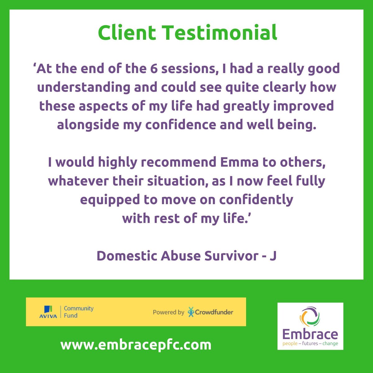 A lovely testimonial to share with you all.

These sessions were funded by the generous @aviva and <a href="/crowdfunderuk/">Crowdfunder UK</a> and the Aviva Community Fund, it really does make such a difference to people's lives, so thank you!

#testimonial #avivacommunityfund buff.ly/3KwMKiU