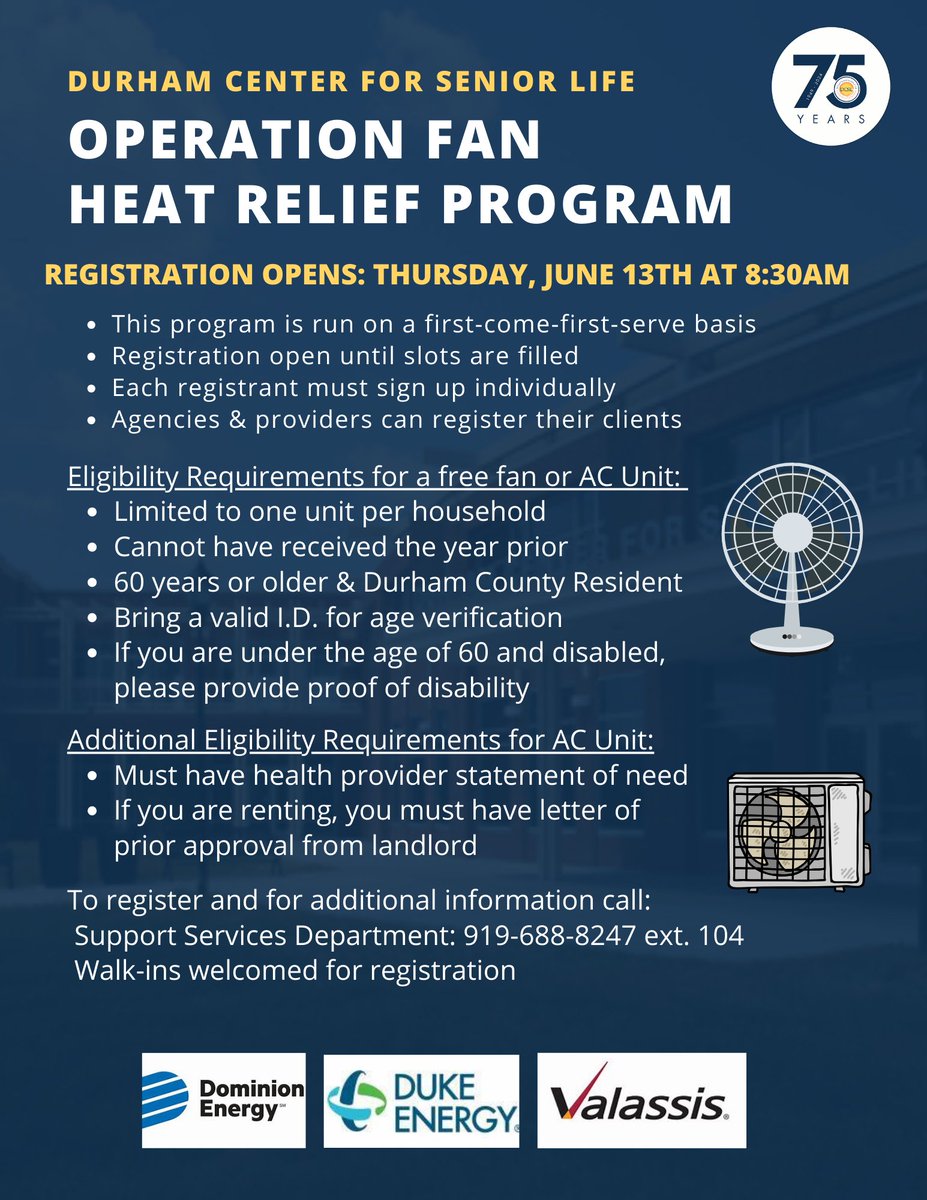 As summer approaches, DCSL is relaunching our Operation Fan Heat Relief Program to provide free fans and AC units to eligible older adults.

Thank you to the generous sponsors for this program, Duke Energy Carolinas, Duke Energy Progress, Valassis, and Dominion Resources.