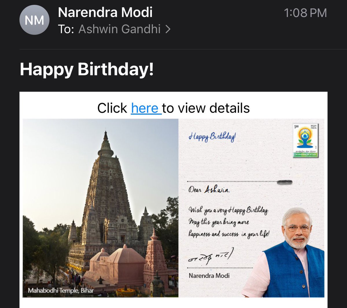PantryCar's tweet image. Though an auto generated email was wondering why it didn’t come this time till now. 

Then, found this in Spam Folder! 😊

Happy now! 

Thank you @narendramodi ji for your wishes. Hope I will get your blessings one day in real. 

#ModiBhakt