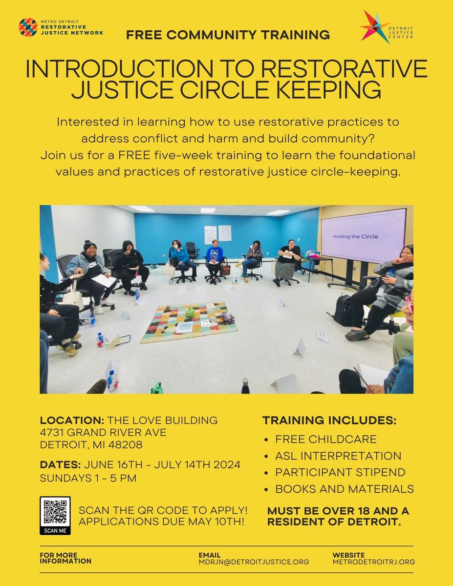 The Metro Detroit Restorative Justice Network (MDRJN) at the Detroit Justice Center is hosting a FREE community training on the foundations of restorative justice circle keeping. docs.google.com/forms/d/e/1FAI…