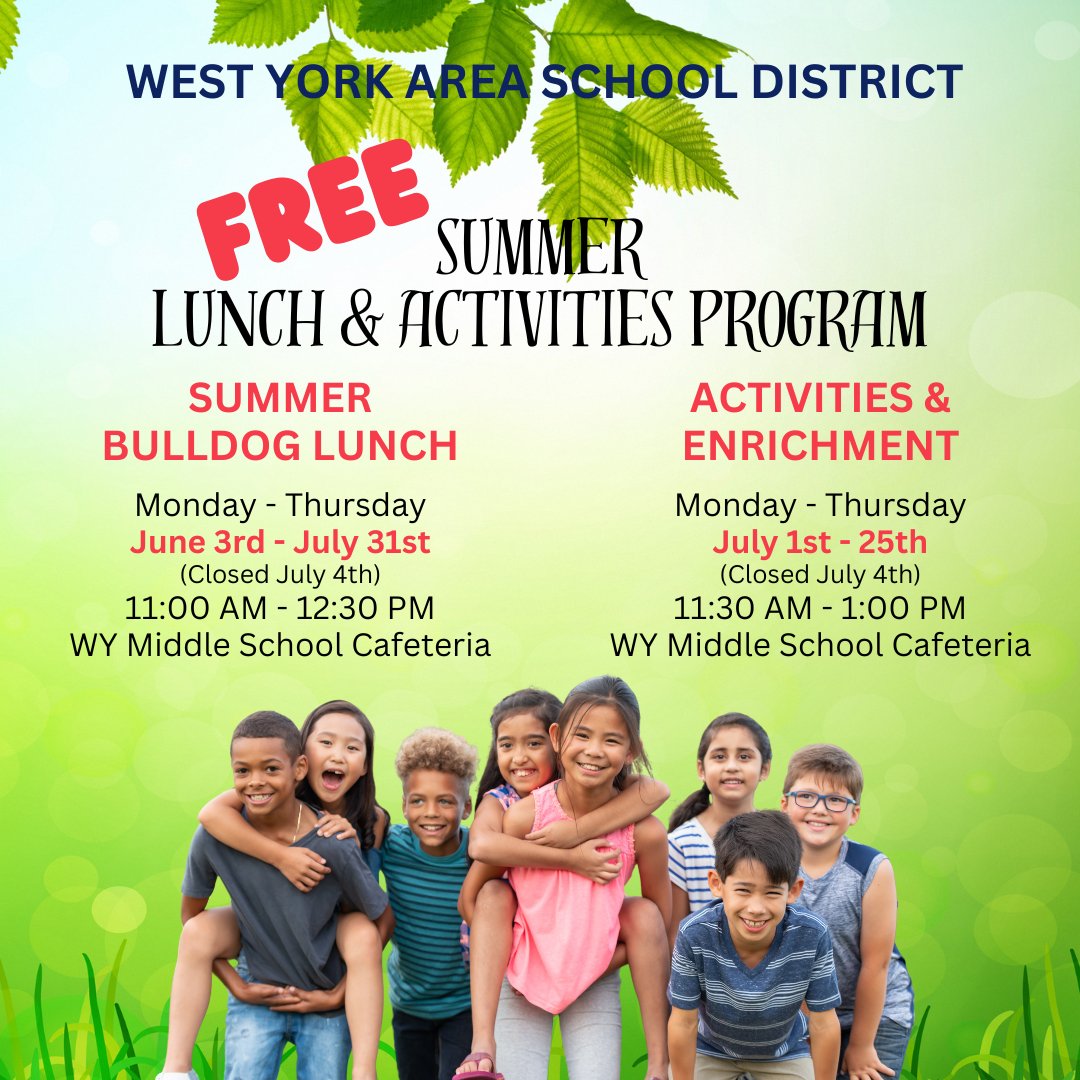 West York (@wyasdblue) on Twitter photo Join us this summer for our FREE Summer Lunch and Activities Program!
* Children DO NOT have to be enrolled in a free/reduced lunch
* Ages 18 or younger
* DO NOT need to be District residents
* No registration needed!
Send questions to BulldogMail@wyasd.org
#wyproud #wyasd Join us this summer for our FREE Summer Lunch and Activities Program!
* Children DO NOT have to be enrolled in a free/reduced lunch
* Ages 18 or younger
* DO NOT need to be District residents
* No registration needed!
Send questions to BulldogMail@wyasd.org
#wyproud #wyasd