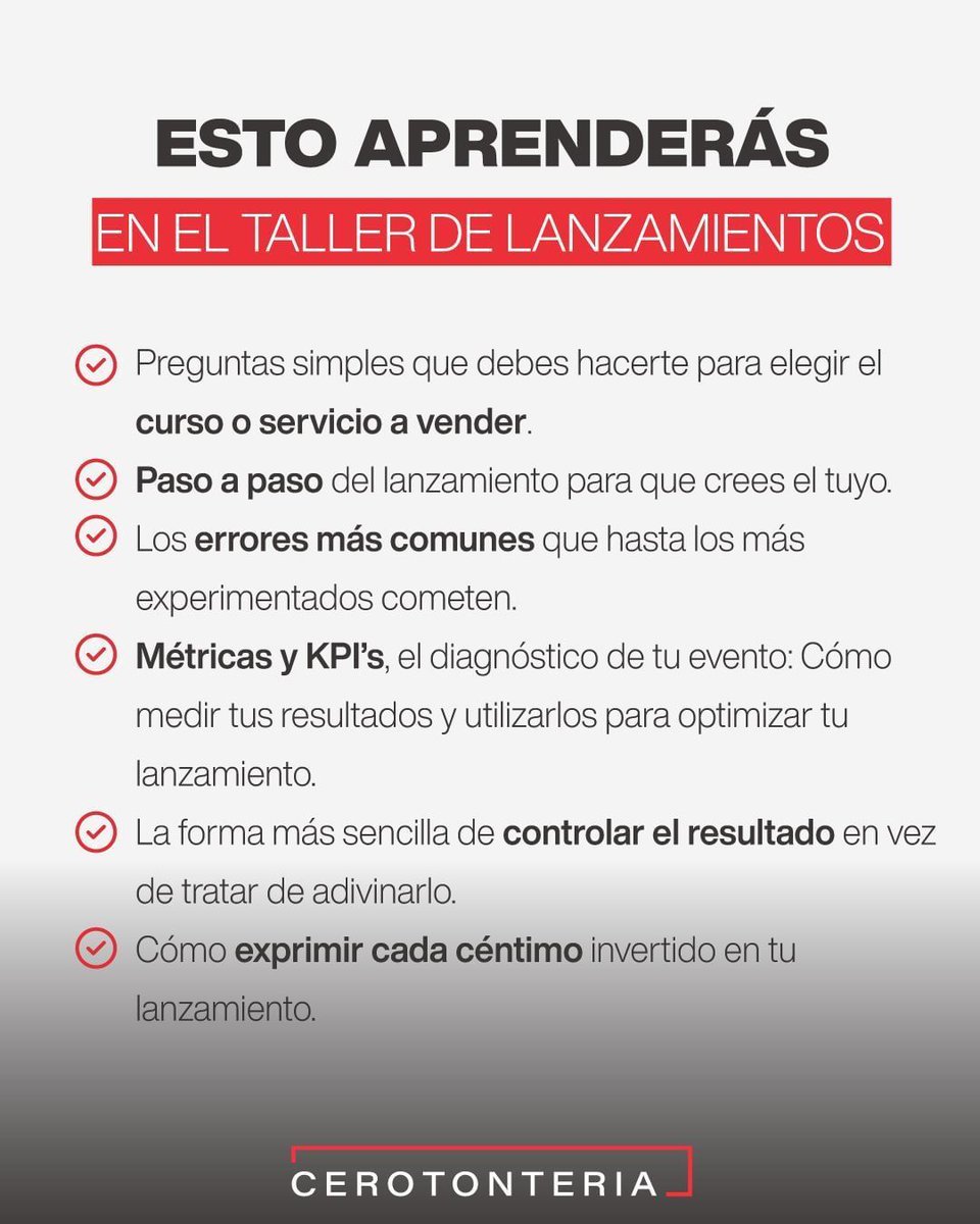 📅 ¿Tienes tu plaza? Los próximos 4 y 5 de junio estaré dando una formación #gratuita sobre #lanzamientos digitales. Un taller en el que aprenderás el paso a paso y la estrategia a seguir para vender tus servicios y formaciones en Internet.

cerotonteria.com/taller-lanzami…