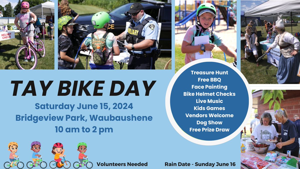 TayTownship's tweet photo. 🚴‍♀️ Tay Bike Day is coming up fast! 
📆 June 15, 2024
⏰ 10am - 2pm
📍 Bridgeview Park - 4 Fallowfield Lane, Waubaushene 
➡️ Live music, games + prizes, face painting, helmet checks, FREE BBQ
✅ Full event details at https://t.co/fWJElW6OtF https://t.co/Ld44LoRC36