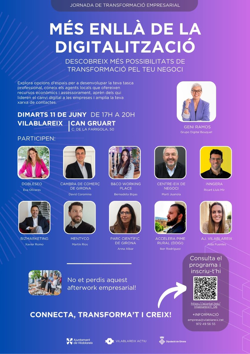 📣El proper dimarts dia 11 a la tarda no et perdis la jornada "Més enllà de la digitalització: Descobreix altres formes de transformar la teva empresa" a Can Gruart! 

Inscriu-te a: ddgi.cat/formacioenxarx…

ℹ️vilablareix.cat/noticies/mes-e…

#Vilablareix