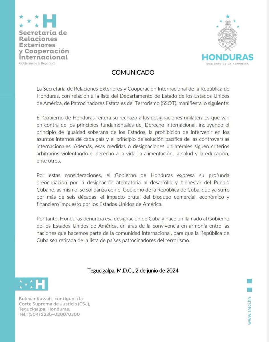 BrunoRguezP's tweet photo. Gobierno de Honduras denunció inclusión arbitraria de #Cuba en espuria lista de supuestos Estados patrocinadores del terrorismo elaborada por EEUU.

Agradecemos firme posición del Gobierno hondureño, bajo la presidencia de @XiomaraCastroZ.

#NoAlTerrorismo https://t.co/PCoDHZemT2