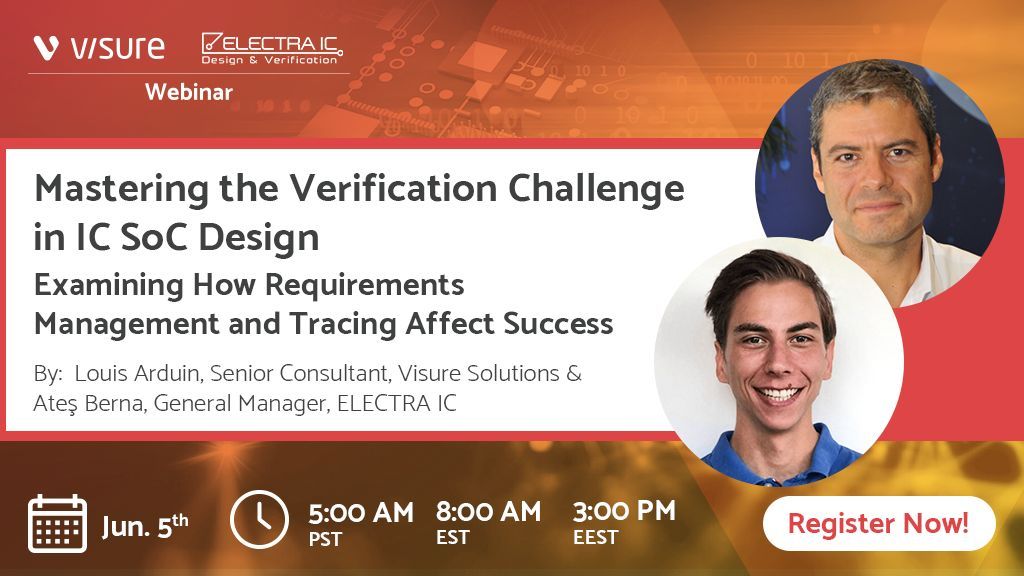 🎥 Last chance to register for our free On-Demand Webinar: "Mastering the Verification Challenge in IC SoC Design" on June 5th! Hear from industry experts Louis Arduin from Visure Solutions &amp; Ates Berna from ELECTRA IC.

👉 Register Now: buff.ly/3UOkPzU