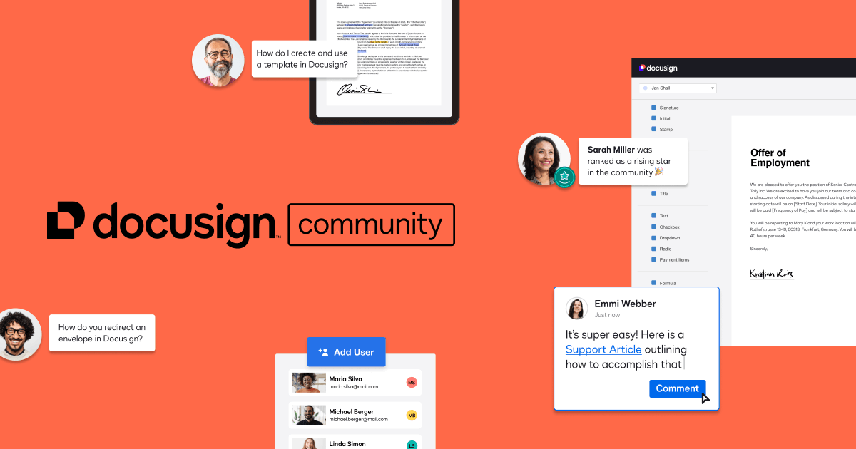 Docusign's tweet photo. 👋 Hey #DocusignCommunity, have you introduced yourself in the Community Lounge yet? 

Say hello, share a bit about yourself, network, and grow with us: https://t.co/U6PU0y1jzN https://t.co/qmeMZ1OYax