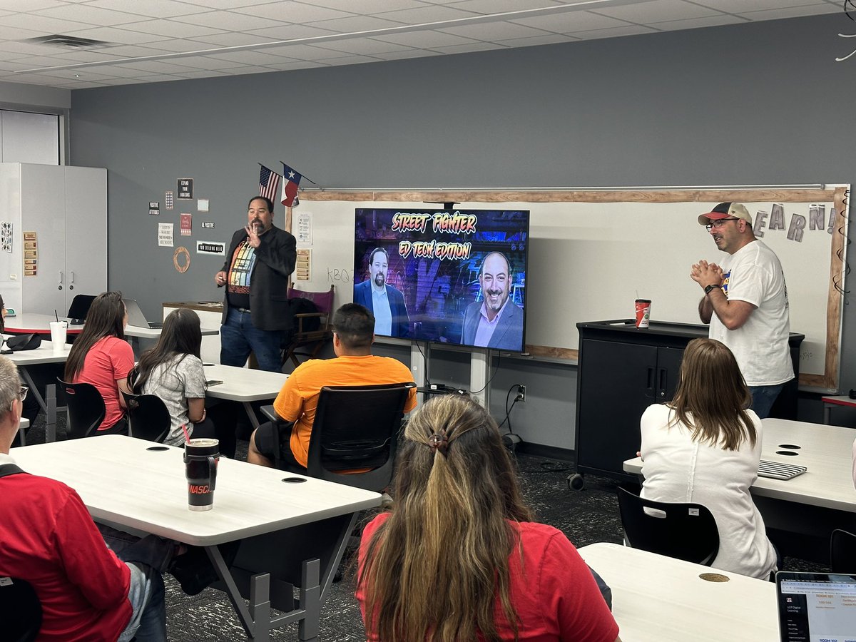 aaron_teach's tweet photo. Have you ever seen a street fight at a tech conference? You will at #LCPcon! @mrhooker and @MatthewXJoseph are fighting it out for the best #EdTech tips! https://t.co/CcfDTsPVaA