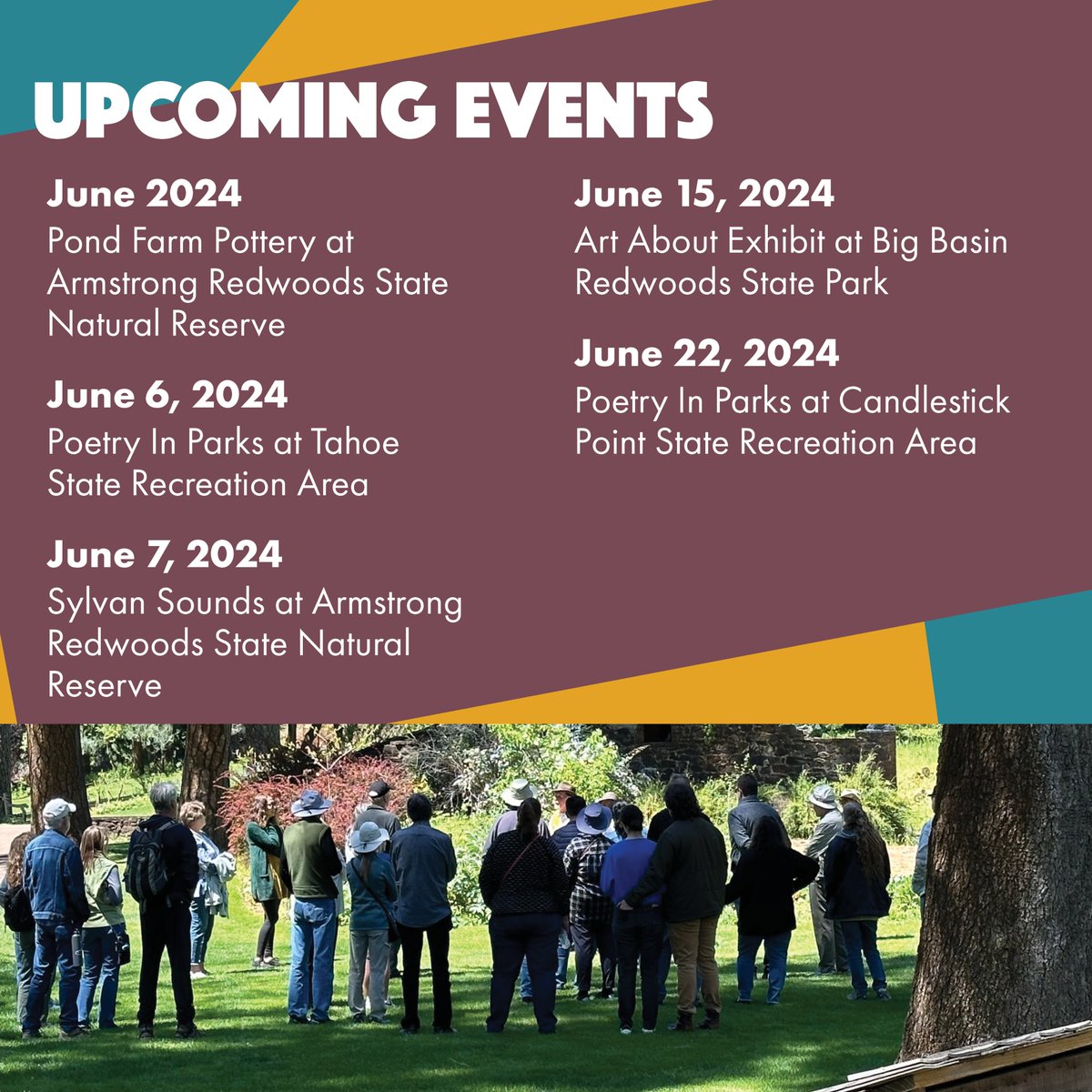 CAStateParks's tweet photo. Need more arts, creativity, and connection this summer? Dive into Arts in California Parks! Enjoy jazz, poetry, and art for all!
Visit https://t.co/NSynqeKVI9 to learn more!
#CAstateparks #ArtsInParks #communityart https://t.co/2nk8X1RxeR