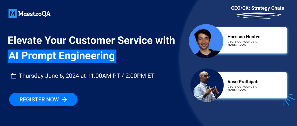 Join us for an exclusive workshop with Harrison Hunter, CTO and Co-Founder of MaestroQA, where we will explore the art and science of AI prompt engineering and its transformative impact on #QA and #customerservice. tinyurl.com/AIPromptWebina… #CX #AIPrompts #AI