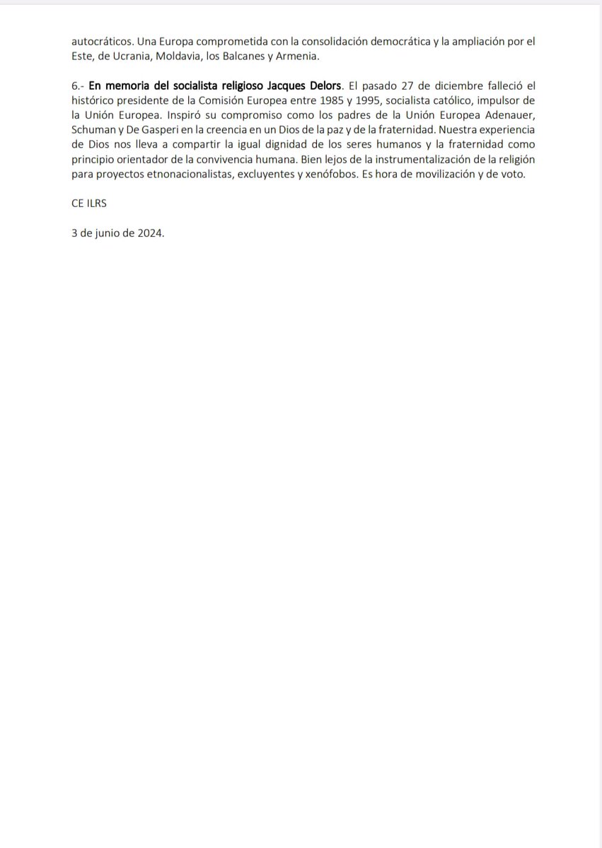 Ante las elecciones europeas del #9JEuropa  la Liga Internacional de Socialistas Religiosos <a href="/ILRSforEurope/">ILRS</a>  a la que pertenece Cristianos Socialistas PSOE, apelamos a la ciudadanía en general y a las personas de inspiración religiosa en particular.
#MásEuropa