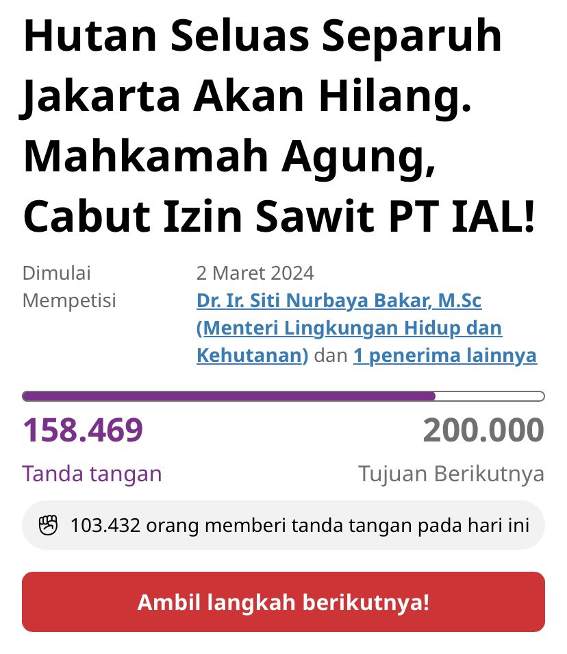 100,000+ orang tanda tanganin petisi untuk hutan Papua dalam SATU HARI karena post yang bahas ini rame yang repost dan share :”) 

NEVER underestimate the power of sharing/reposting a good cause on your platform, mau berapapun follower yang kamu punya. 

link below👇🏼