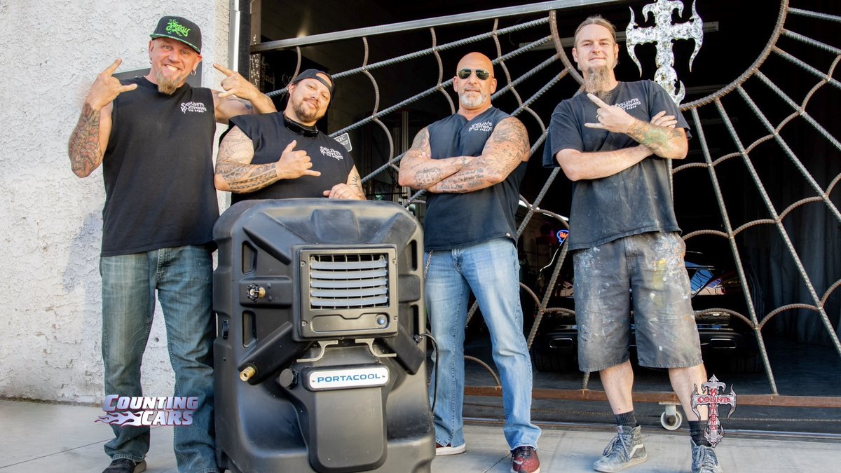 CountsKustoms's tweet photo. It's getting HOT HOT HOT HOT here in Vegas, so you know what that means...time to bust out those @portacool evaporative coolers! They keep our shop cool, especially when the sparks are flying! Should @RyanAtCounts paint another one?! #countskustoms #portacool @DannyCountKoker https://t.co/BItFocF7Il