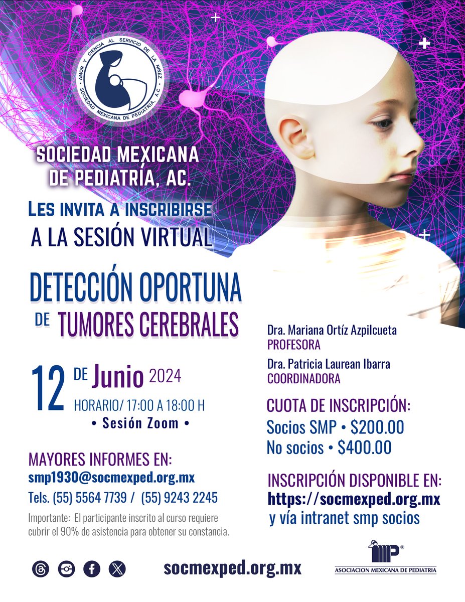 👩🏻‍⚕️👨🏻‍⚕️Tema: Detección oportuna de tumores cerebrales.
⏰Fecha: Miércoles 12 de Junio 2024
Inscripción disponible en:
socmexped.org.mx

#SociedadMexicanaDePediatria #smp #CursosVirtuales #educaciónmédicacontinua #pediatria #SoyPediatra #tumorescerebrales