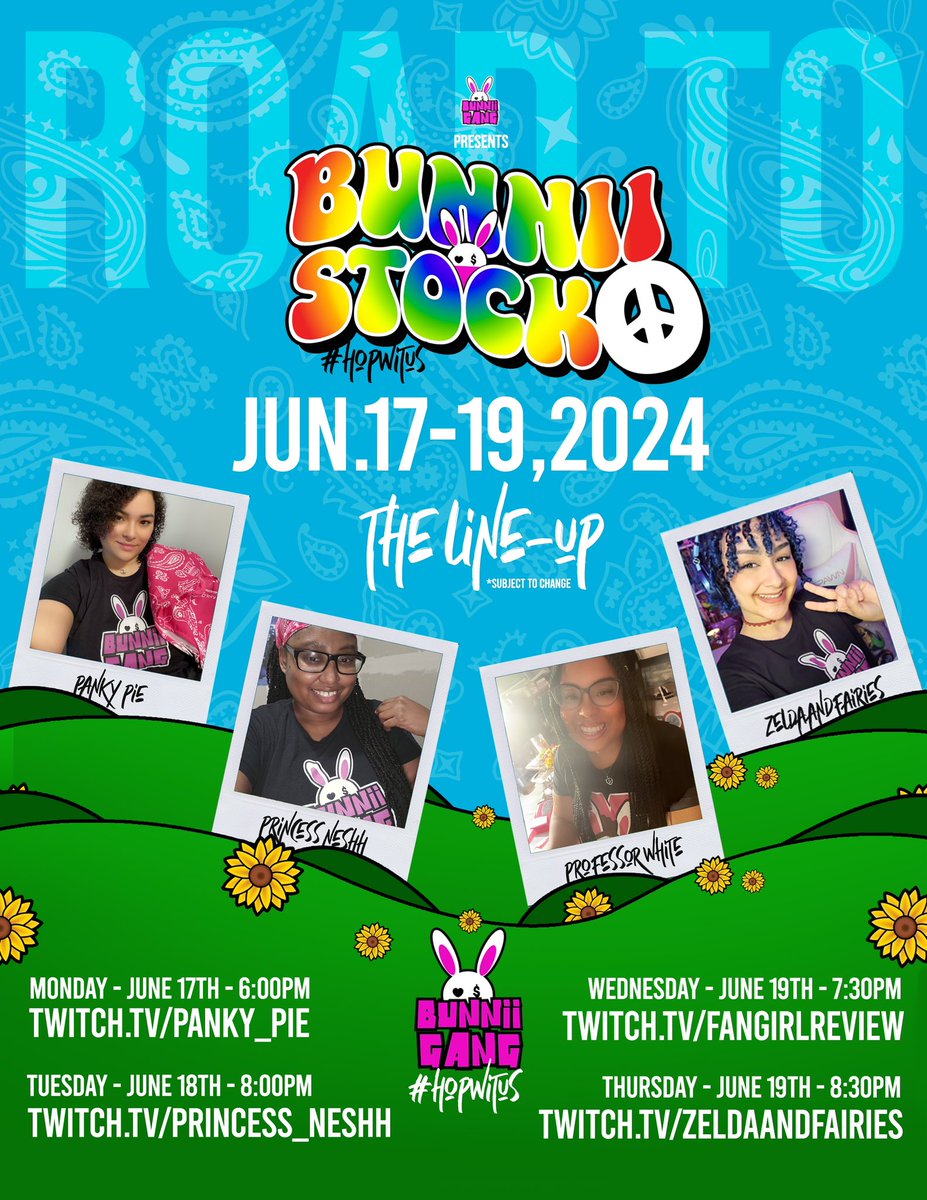 Mely_Tha_Pirate's tweet photo. Hey y’all! Don’t forget about #BunniiStock this month! We’ll be doing the road to BunniiStock starting June 17 but the Bunniis don’t stop hopping there. Hop with us all weekend until the 23rd. 
My slot is 6/22/24 at 8pm EST! Don’t miss it. #HopWithUs https://t.co/XqxKvj2lV4