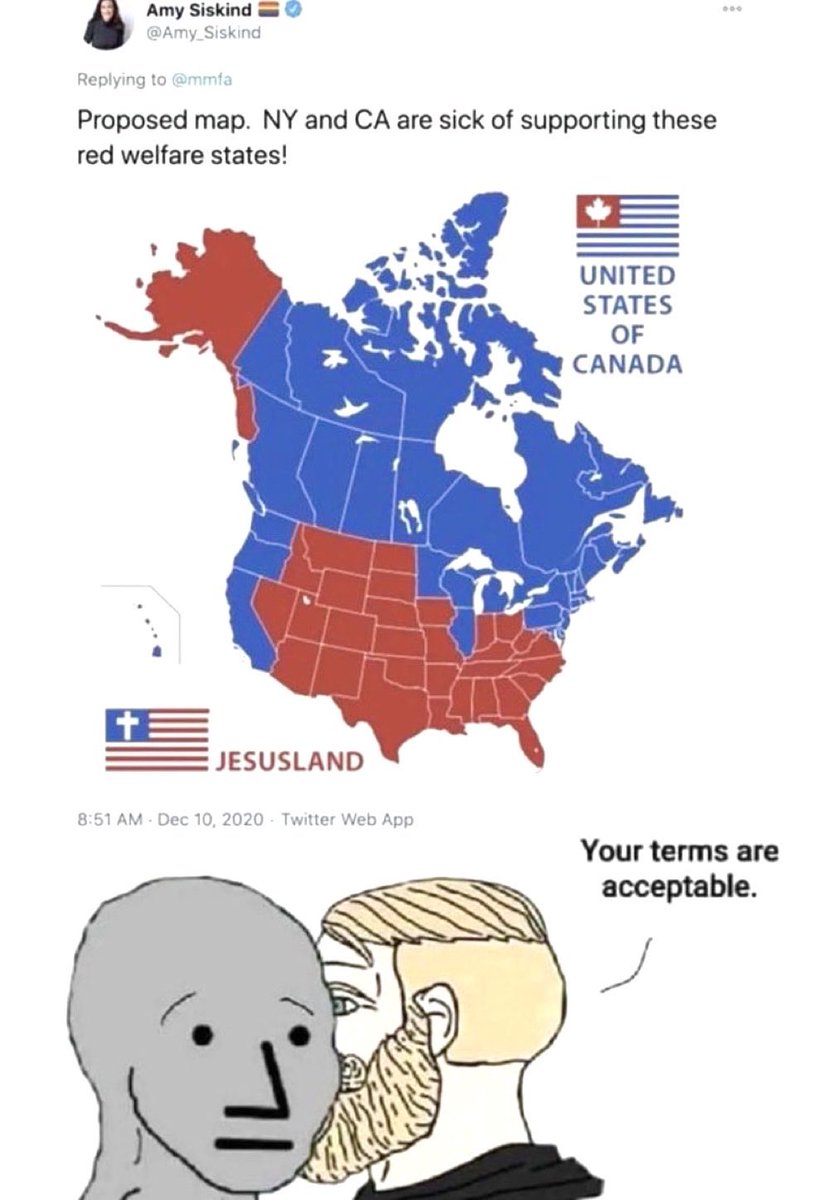 AshOfOhio's tweet photo. This works for me! I’ll take it! We don’t want California and New York anyway! We’d pay Canada to take them🤣 https://t.co/iTKM748pWr