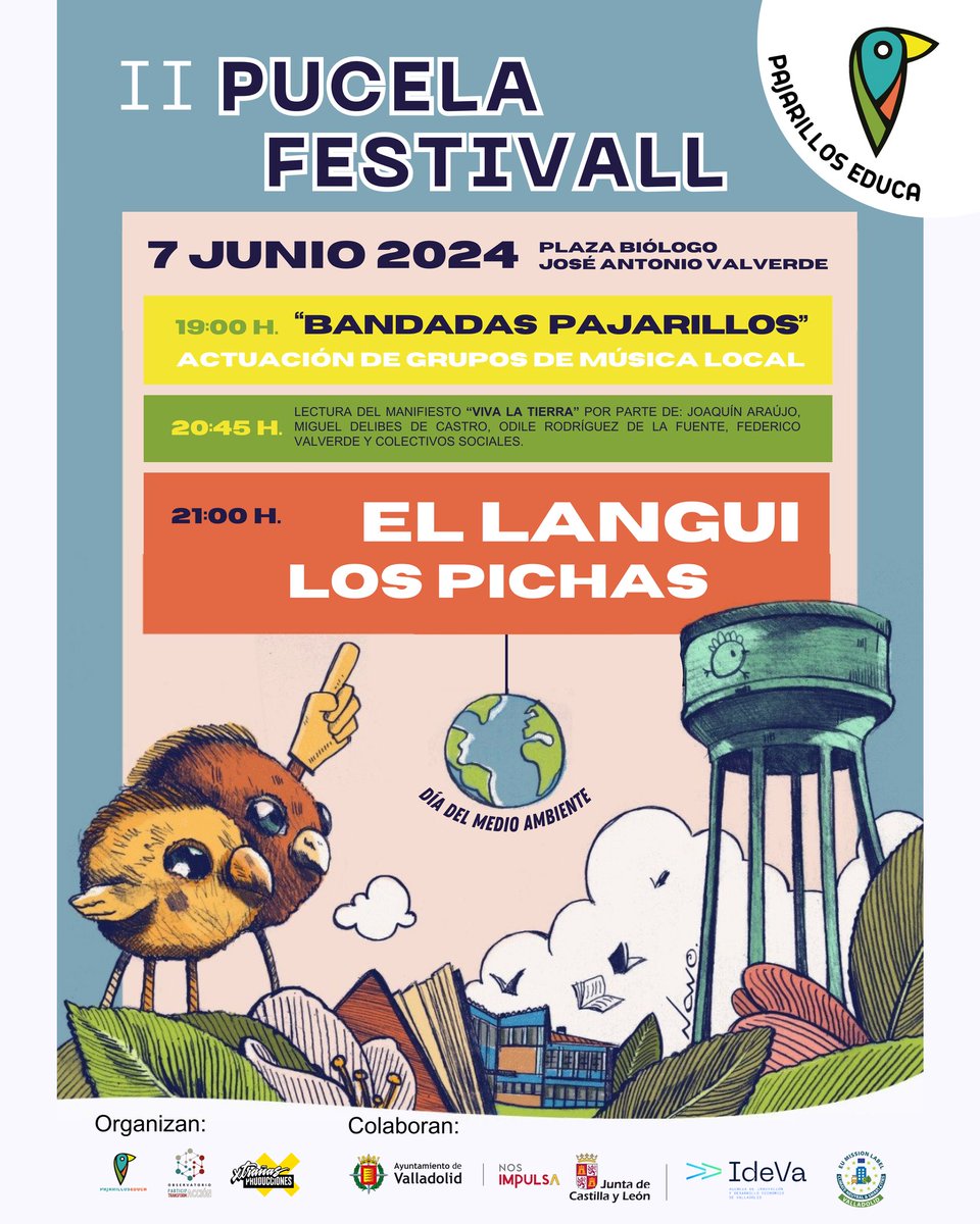 PajarillosEduca's tweet photo. Pajarillos Educa organizará la 2ª edición del Pucela FestiVall para el Día del Medio Ambiente con @Langui_Oficial y @LosPichas

Se celebrará el viernes, 7 de Junio a partir de las 19:00 h. en la Plaza Biólogo Valverde.

Colaboran: @ayuntamientovll 
@jcyl @xtranas https://t.co/EYmo1Kx6zo