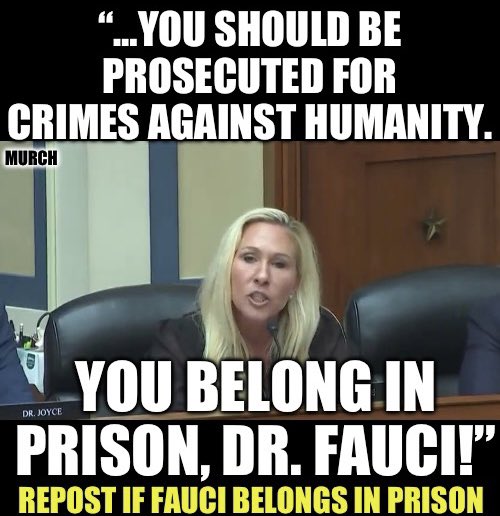 🔥Marjorie Taylor Greene on Dr. Fauci: “We should be recommending you to be prosecuted. We should be writing a criminal referral…” Of course, sleeze Jamie Raskin defended Fauci. Will the GOP majority Congress do anything to Fauci? 🤔 Who thinks he belongs in prison 100%? 🙋‍♂️