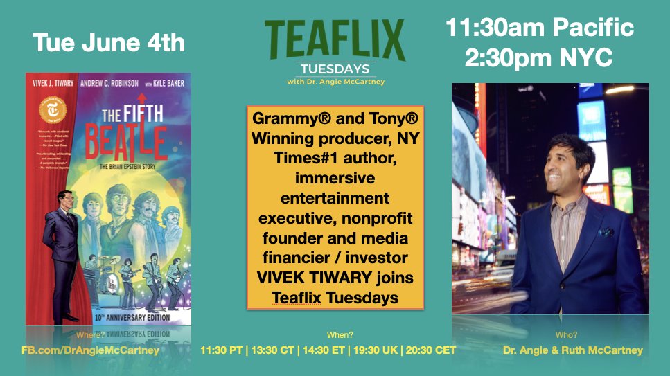 Tomorrow, <a href="/VivekJTiwary/">Vivek J Tiwary</a> will be chatting with <a href="/angietealady/">Dr. Angie McCartney</a> &amp; <a href="/ruthmccartney/">ruthmccartney</a> on #Teaflix! Tune in Tuesday June 4th at 11:30am Pacific / 2:30pm EST facebook.com/drangiemccartn…