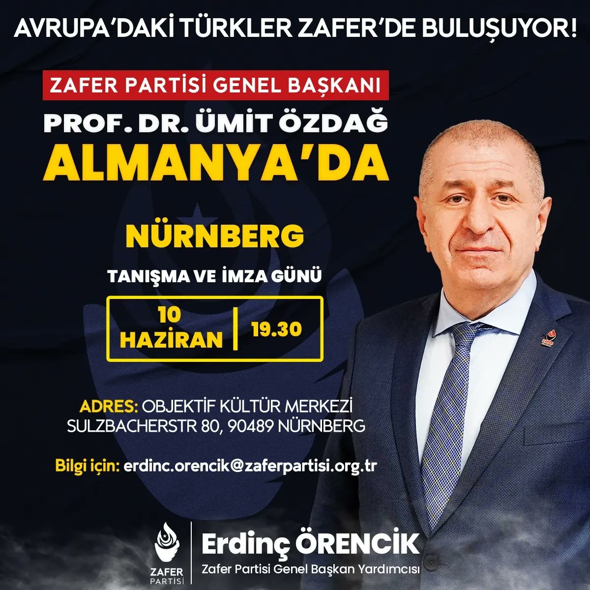 Zafer Partisi Genel Başkanı Sayın Prof. Dr. Ümit Özdağ, Parti Sözcümüz Sayın Azmi Karamahmutoğlu, Yurtdışı Türklerden Sorumlu Genel Başkan Yardımcısı Erdinç Örencik ve Diplomasiden Sorumlu Genel Başkan Yardımcısı Sayın Dr. Nezih İlter Karaman, Almanya'da yaşayan gurbetçi