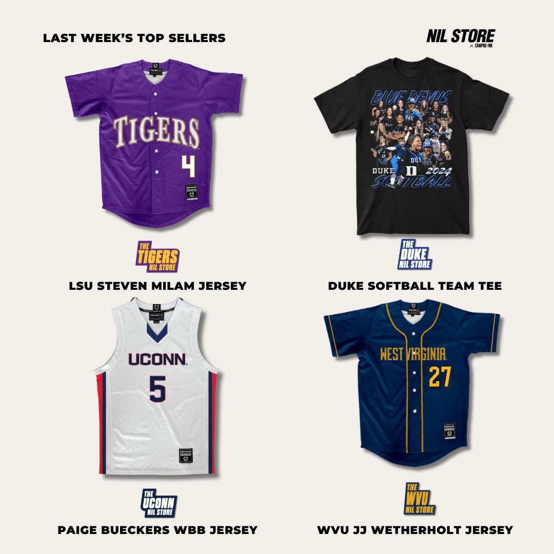 nil_store's tweet photo. Last Week’s Top Drops! 🤩

1. @LSUNILStore @semilam2 Baseball Jersey
2. @DukeNILStore @dukesoftball Team Tee
3. @UConnNILStore @paigebueckers1 White Basketball Jersey
4. @wvunilstore @jj_wetherholt Baseball Jersey https://t.co/FmzwG1UJfn