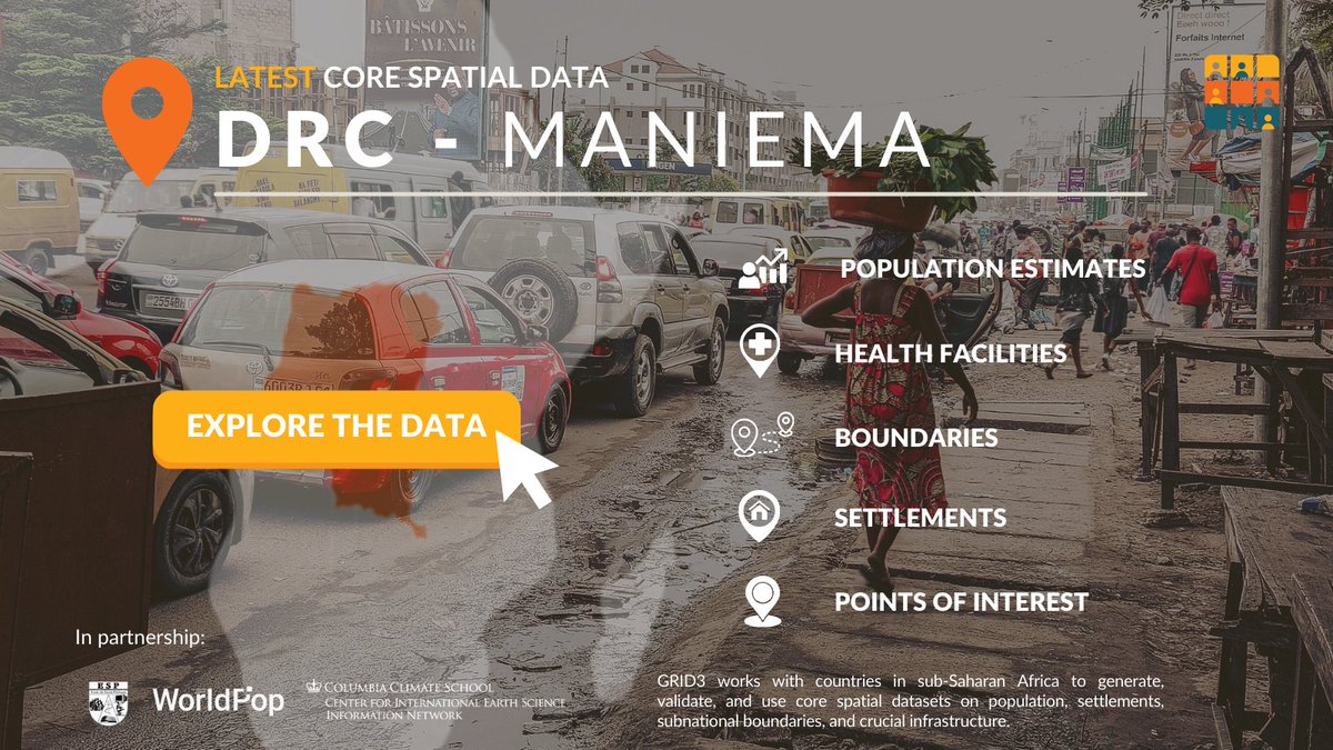NEW DATA: In a major effort to create new #DRC basemaps, @GRID3 + <a href="/Esp_Kin/">Ecole de Santé Publique de Kinshasa-ESP</a> collected 8K+ #GPS coordinates on settlements, 1K+ on #health facilities, &amp; 7K+ for other POIs in #Maniema. Access the data here: bit.ly/44ORVUY