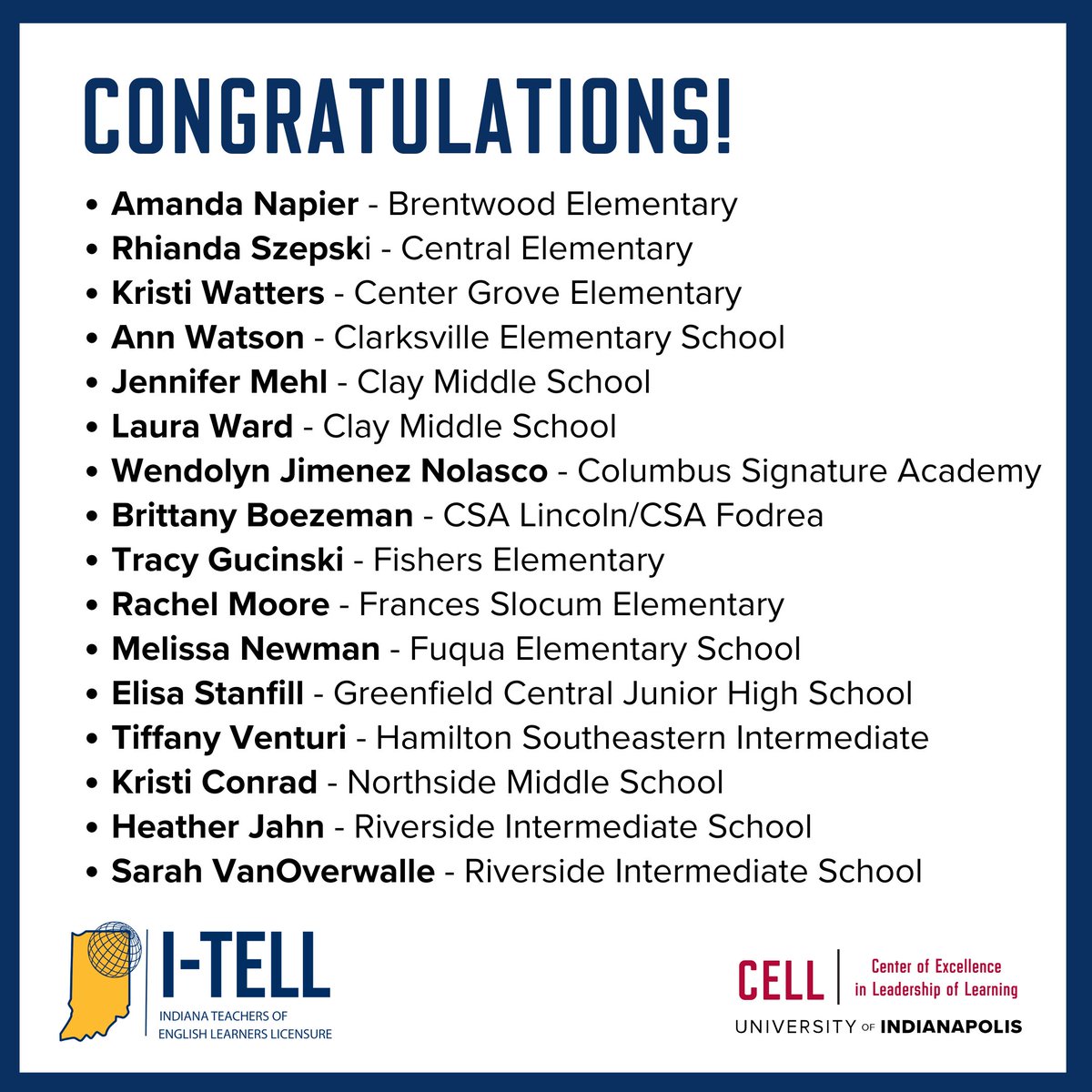 CELLuindy's tweet photo. Congratulations to these teachers who completed coursework through CELL’s #ITELL initiative to earn ENL licensure and become teachers of record for English learners! Learn more at https://t.co/KSnbPfyxzO.
@EducateIN @ClarksvilleSchs @myccs @bcscschools @HSESchools @MarionINSchools @vcsc_teamvigo @GCCSC_Super