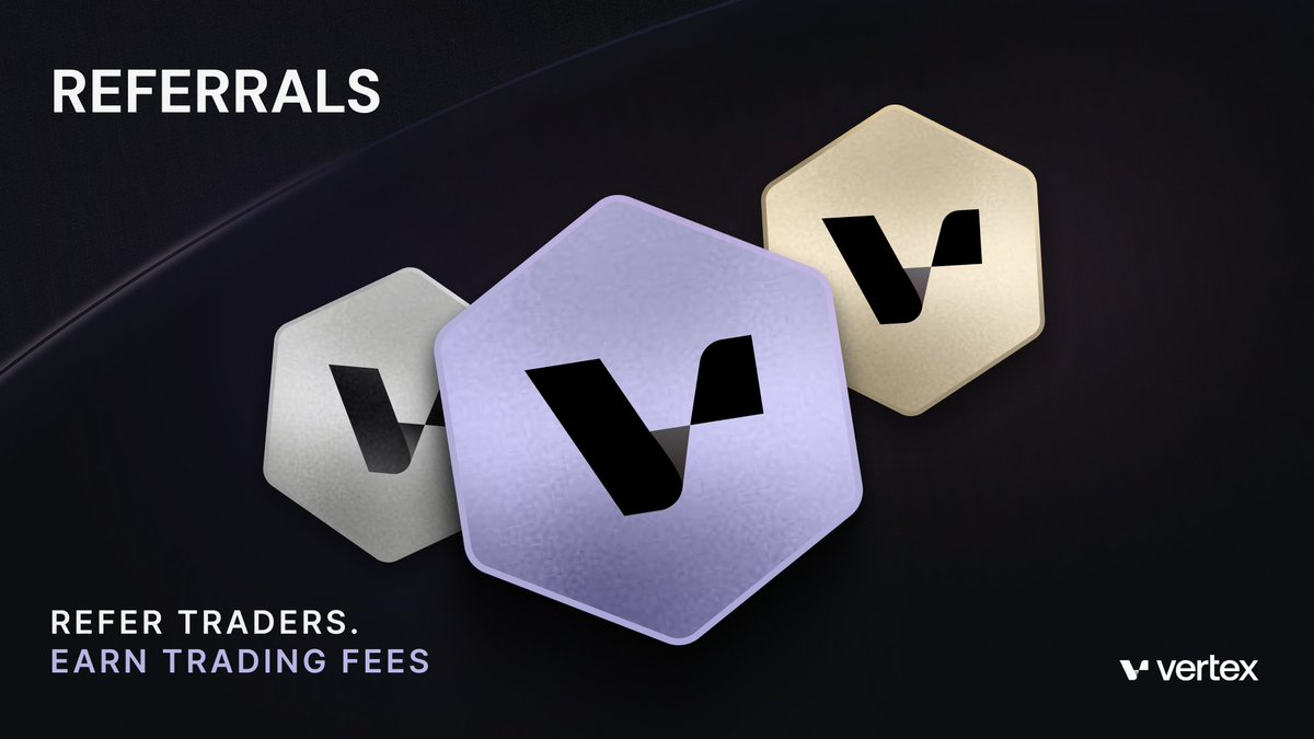 1/ Introducing Vertex’s New Referrals Program ✨

TLDR:

1️⃣ Earn a higher % of your referee’s fees in USDC.
2️⃣ Three commission tiers for even bigger rewards.
4️⃣ Custom ref links.
3️⃣ Referees get USDC rebates.

Ready to get started? app.vertexprotocol.com/referrals

🧵 ⤵️