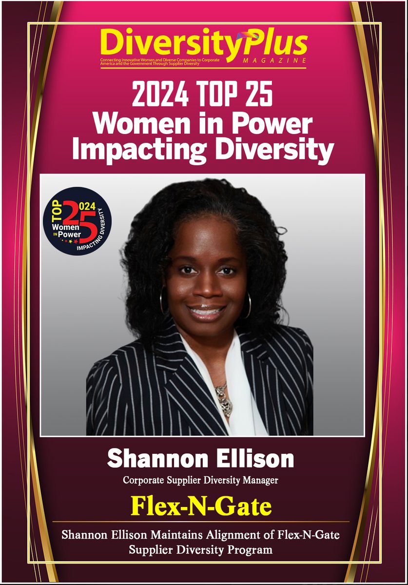 Congratulations to Shannon Ellison, @Flexngate Flex-N-Gate’s Corporate Supplier Diversity Manager, for being named one of the 2024 Top 25 Women in Power Impacting Diversity! 
#SupplierDiversity #Leadership #FlexNGate #top25WomeninPowerImpactingDiversity
diversityplus.com/web/Article.as…