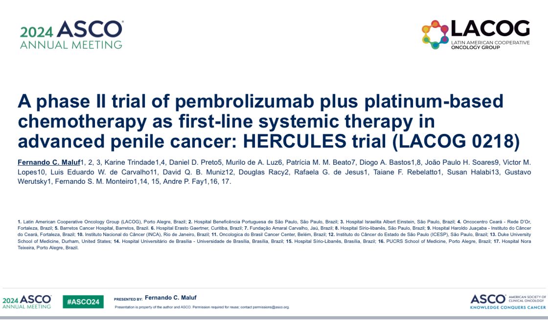 HERCULES trial (LACOG 0218), a phase II trial with pembrolizumab plus platinum-based chemotherapy for patients with advanced penile cancer, demonstrated high activity. A new treatment option for patients with advanced penile cancer <a href="/ASCO/">ASCO</a>

#ASCO24 #LACOG #LatinAmerica